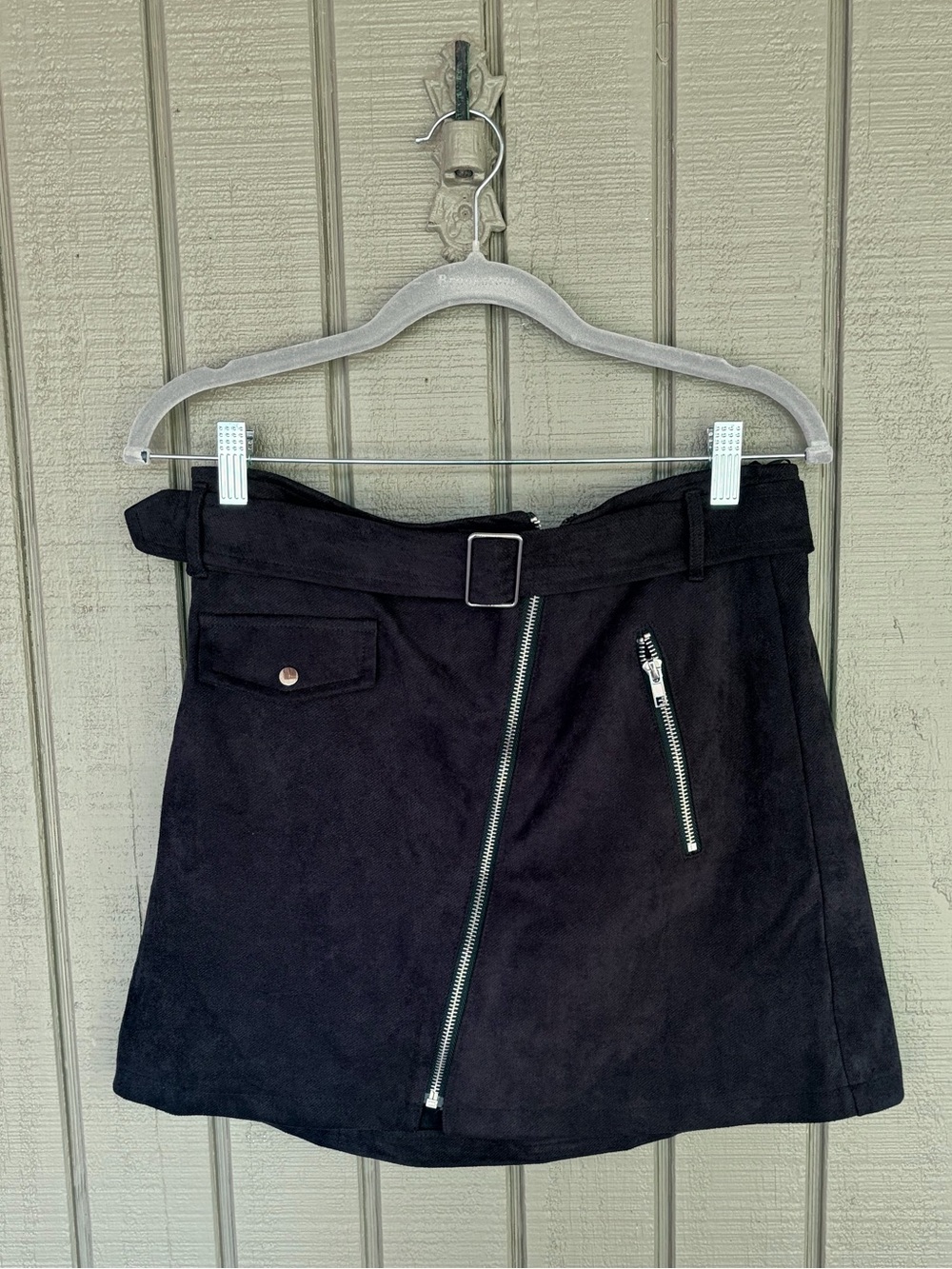 NWT SHE + SKY NWT Black Faux Suede Moto Mini Skirt Size L Belted Asymmetric Zip